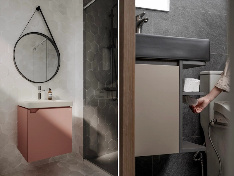 珊瑚粉盆櫃組與爵士黑檯面式臉盆盆櫃組