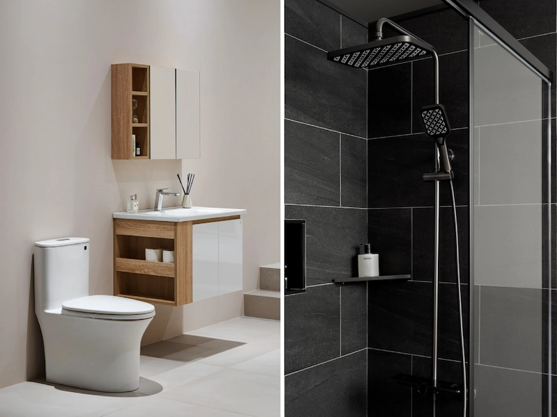 雙門鏡面收納櫃北美原橡紋理與紳士灰淋浴組